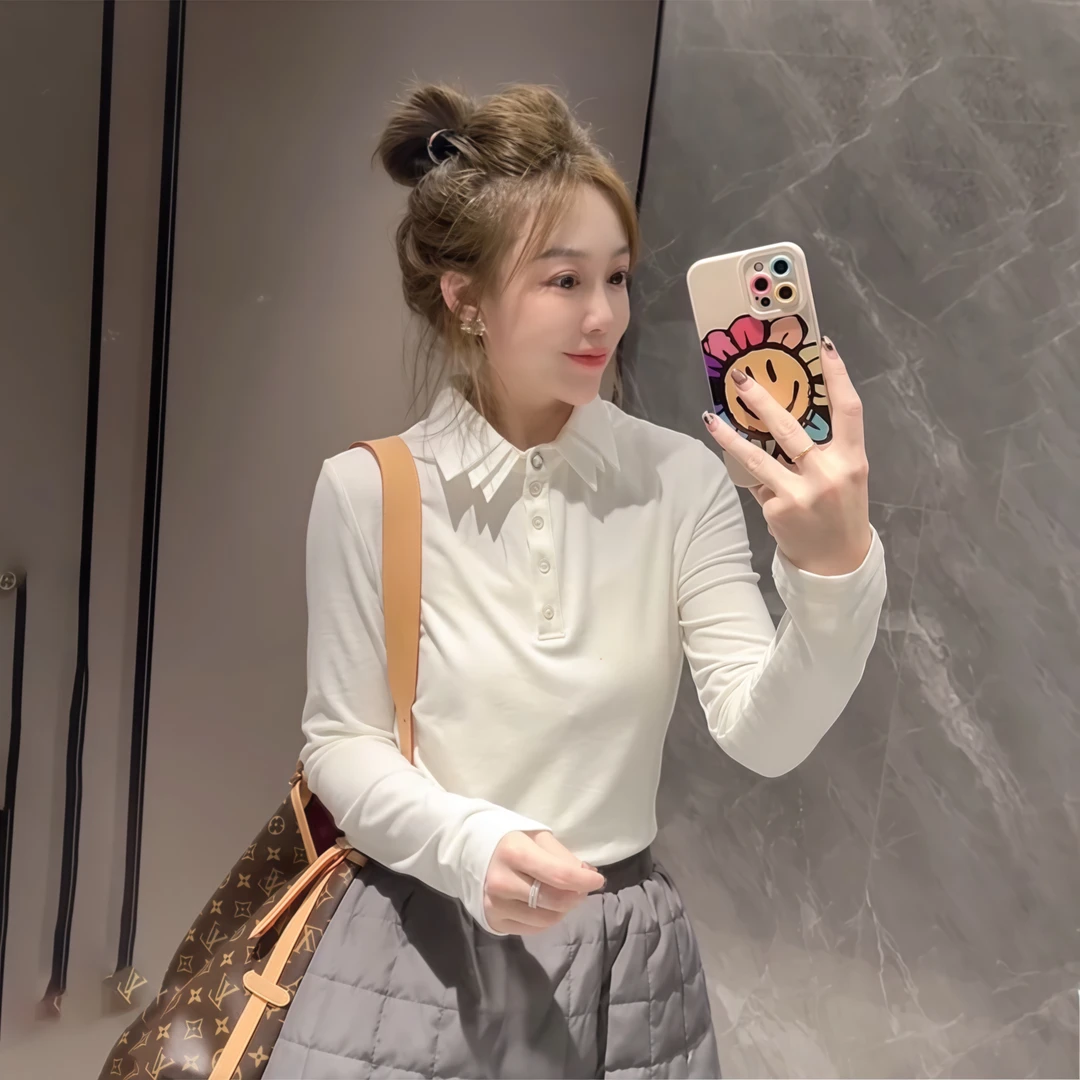网红洋气修身白色翻领打底衫女冬季新款时尚POLO纯色百搭长袖T恤