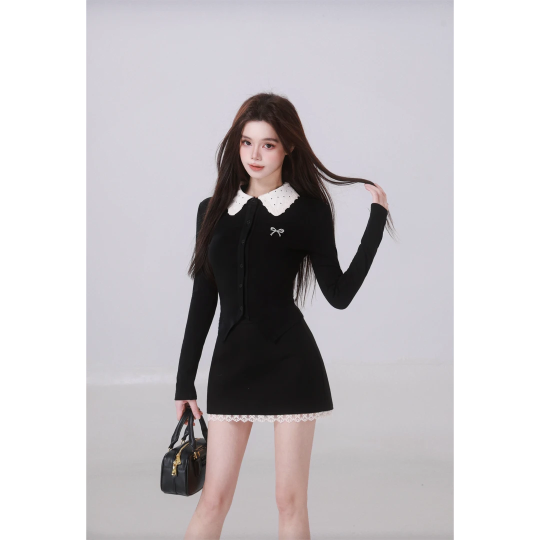 青青-WAHJU【微甜女高】显瘦收腰磨毛针织上衣小A摆呢子半裙9152W