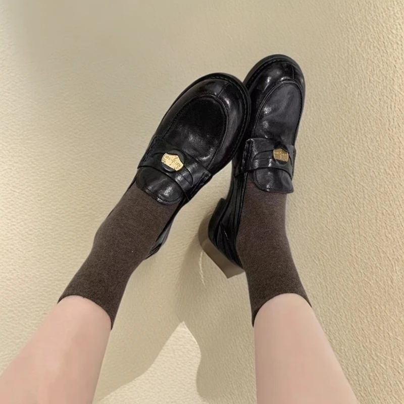 小陈姐专属~复古水洗纹圆头小金币懒人英伦风乐福单鞋套脚小皮鞋