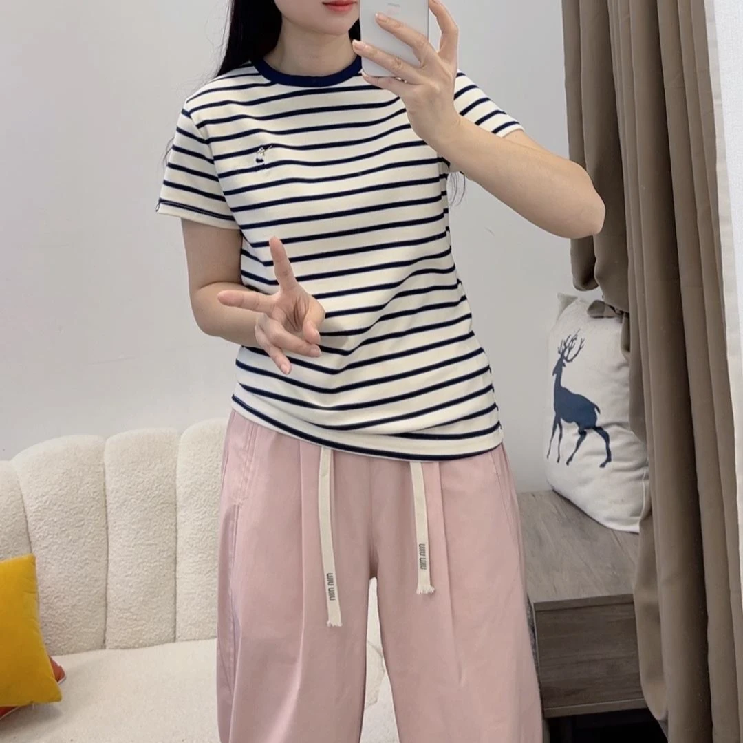 卡通撞色条纹短袖T恤女2025春夏新款韩版宽松圆领百搭上衣DYY2700