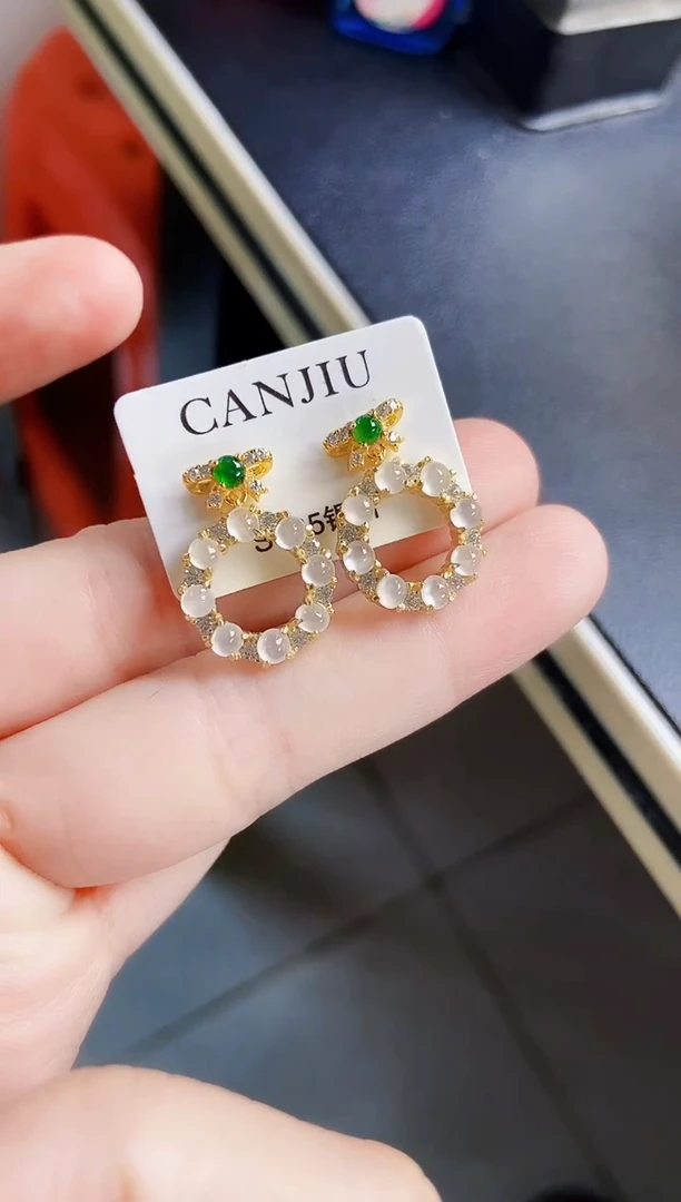 翡翠银S925镶嵌耳饰35989