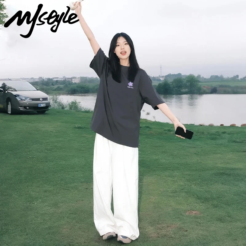 MJSTYLE正肩纯棉短袖t恤洋气衣服女夏季夏日ootd穿搭圆领半袖上衣