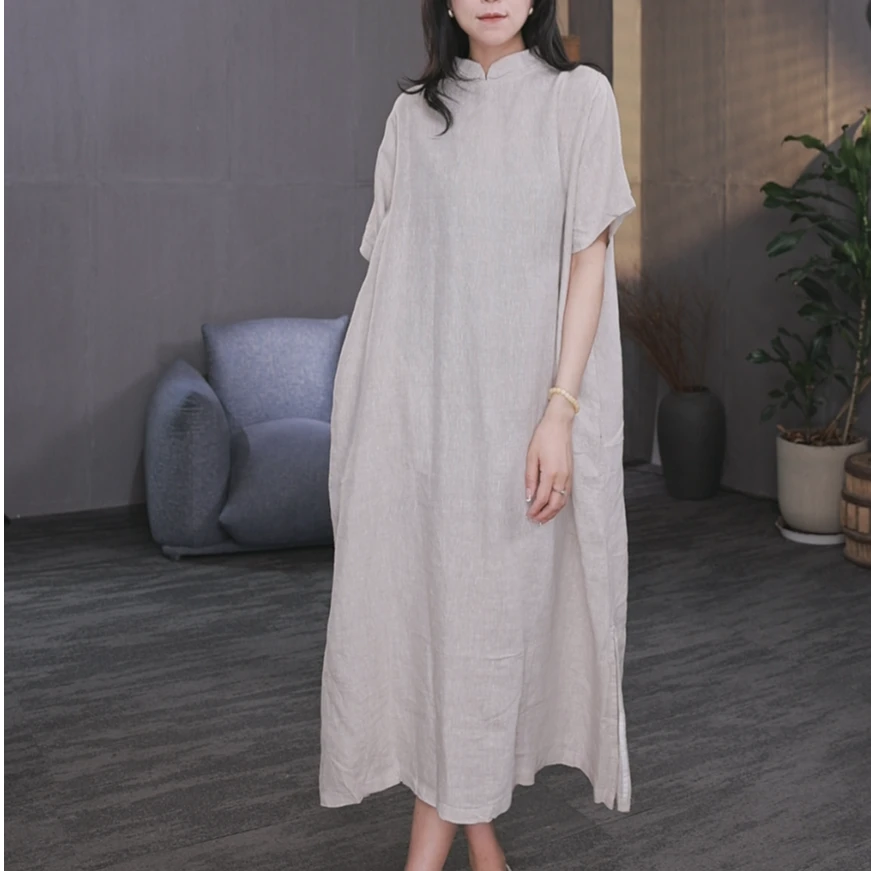 东倪MF 汉麻中式文艺复古立领气质百搭显瘦麻料连衣裙 85B85168