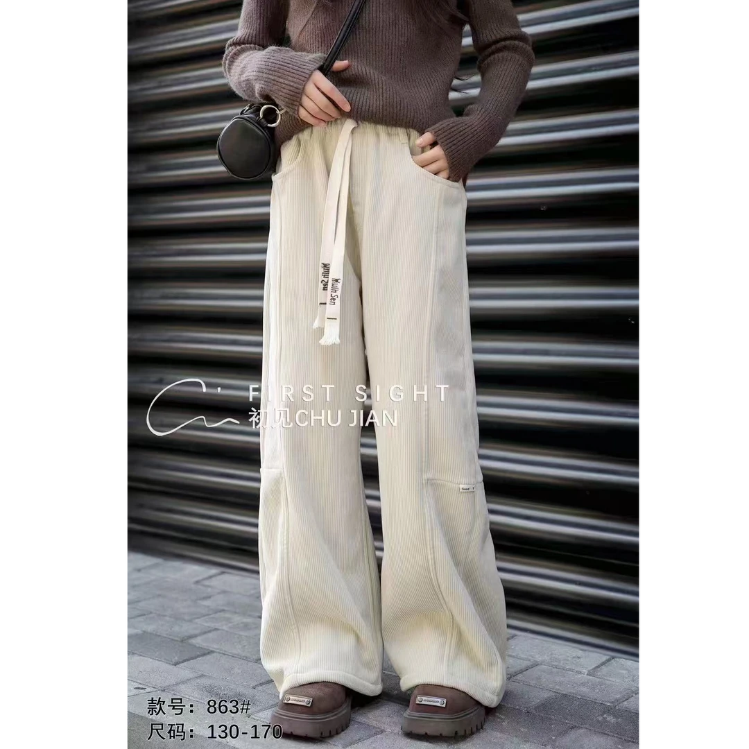 Y669米色直筒条绒奥利绒加厚裤