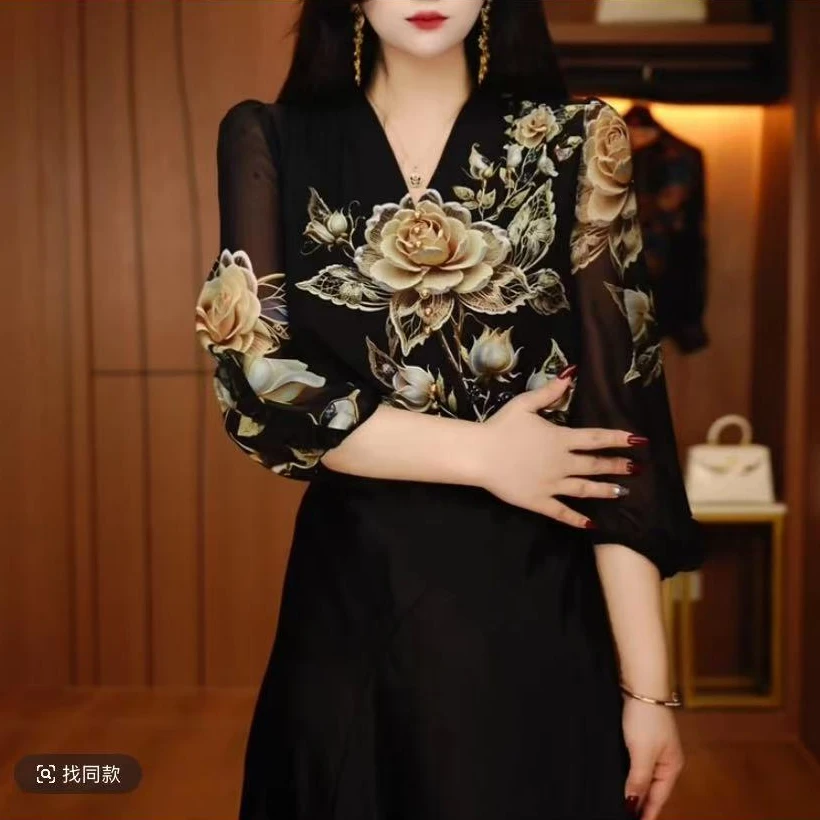 琉璃新款双皱时尚百搭洋气衬衣长袖休闲气质衬衫印花女装宽松上衣