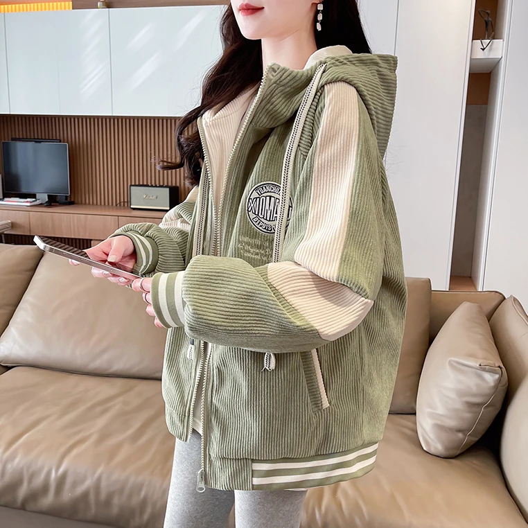 灯芯绒外套女春秋2025年新款宽松学生两面穿撞色棒球服夹克ins潮