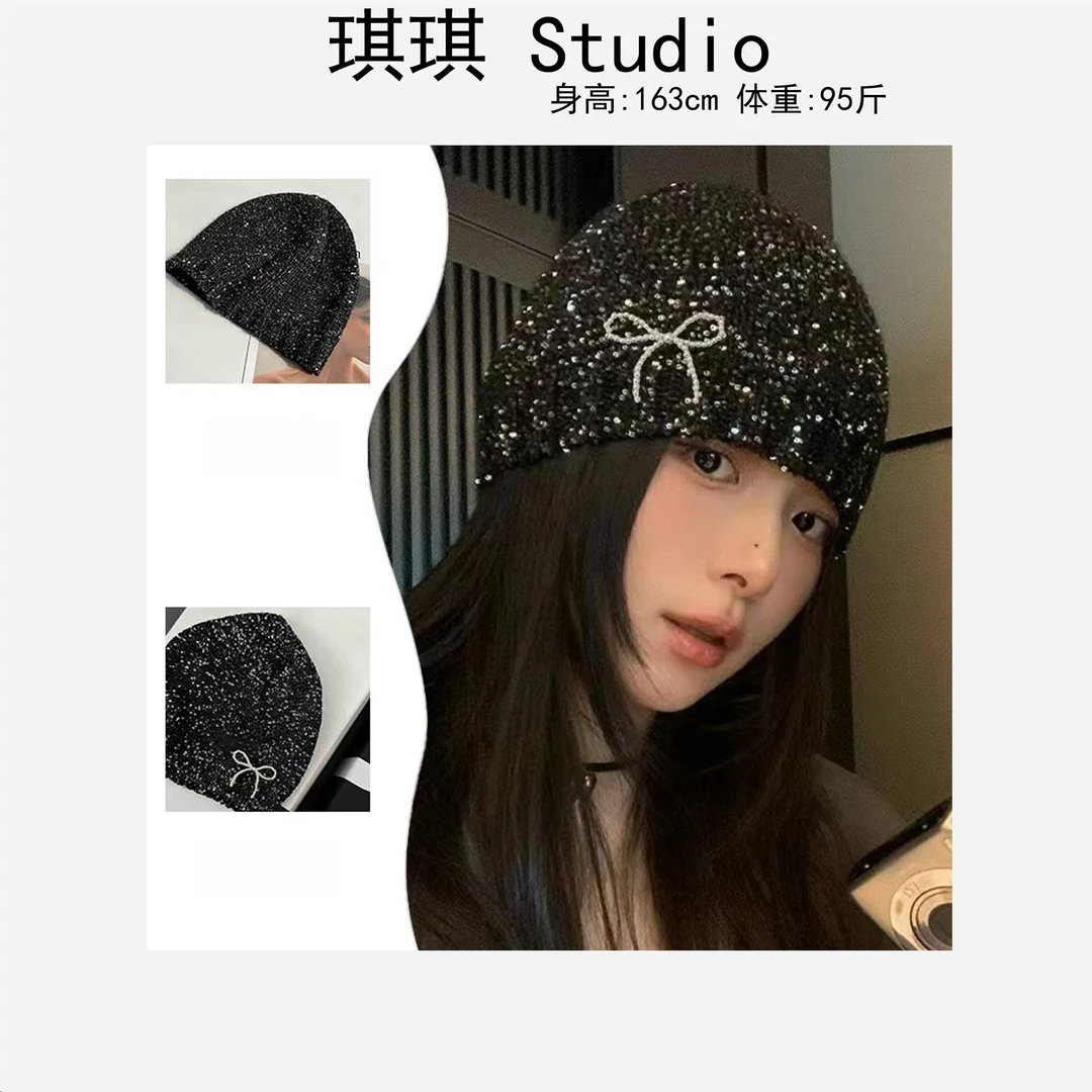 2024立冬新款轻奢高级感气质时尚重工亮片镶钻闪闪蝴蝶结针织帽77
