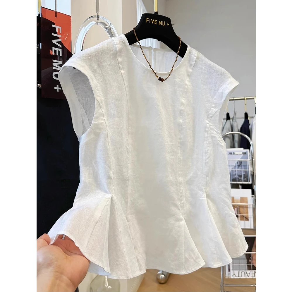 韩系洋气小裙摆圆领无袖小衫女夏季高端亚麻坎肩外穿马甲背心上衣