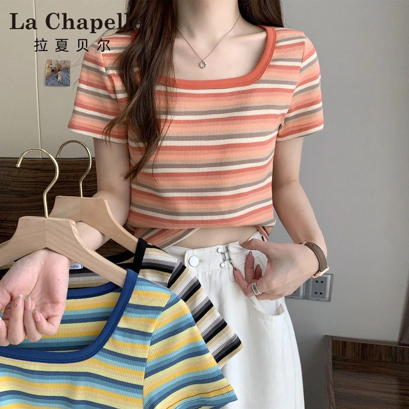 拉夏贝尔方领条纹短袖T恤女2025夏季新款设计感修身短款正肩上衣