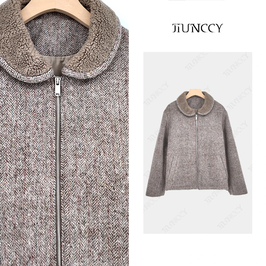 JIUNCCY【彩岩】羊毛混纺人字纹填充羊毛拼毛领外套 52YWT083