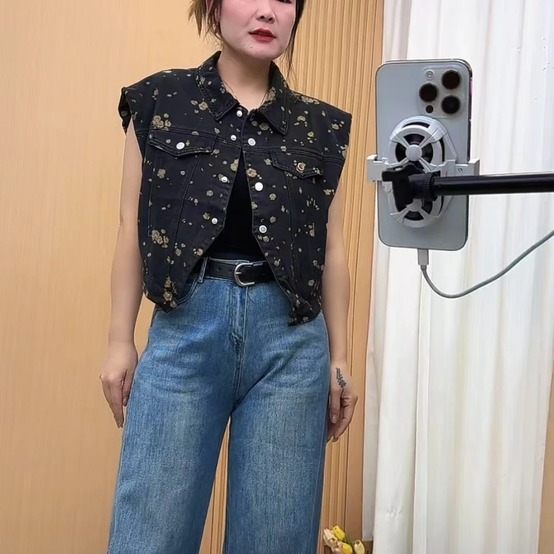 1083#新款撞色碎花短款无袖牛仔马甲
