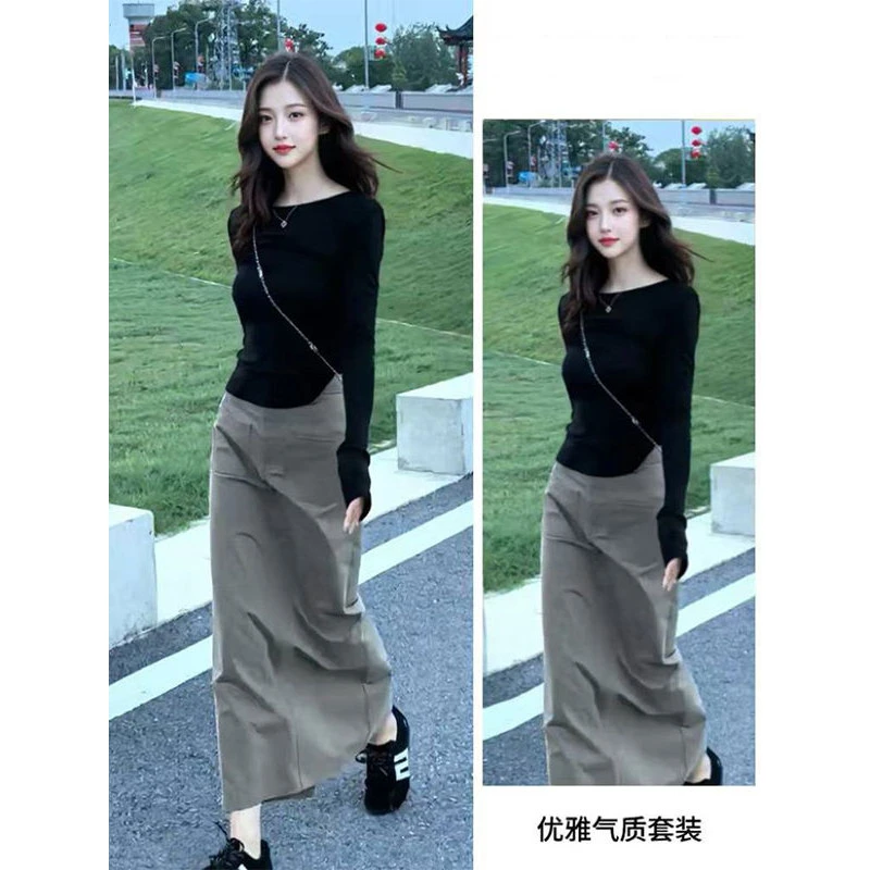 2025流行女装穿搭两件套休闲时尚黑色修身t恤卡其色半身裙套装秋