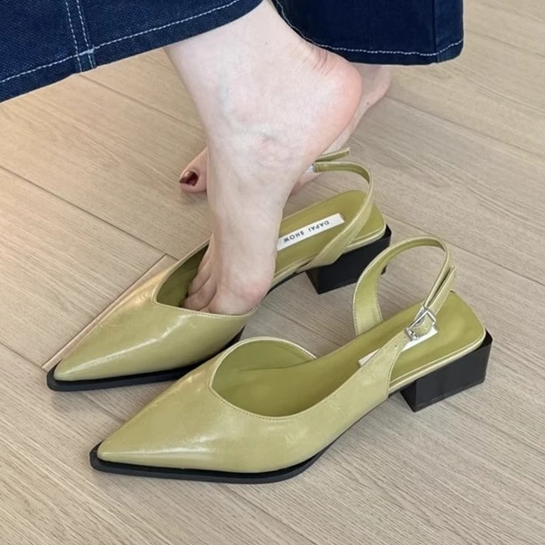 法式复古带跟包头凉鞋女2025春夏女鞋低跟鞋粗跟尖头后空单鞋半拖