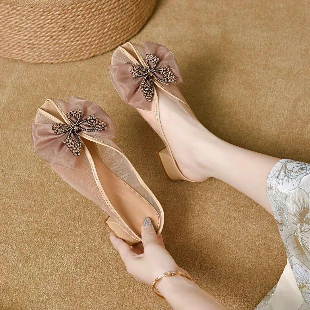 C6170   杏色   百搭夏季时尚新款水钻蝴蝶结半拖鞋