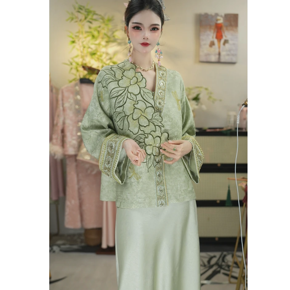 夏维莲2025秋季新款中国风古风飘逸日常绿色套装（1813+1814）