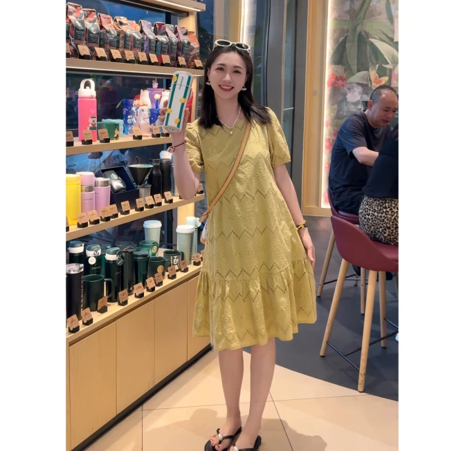 ROBELLE芥黄色简单大方显瘦的A字型连衣裙时尚气质减龄宽松连衣裙