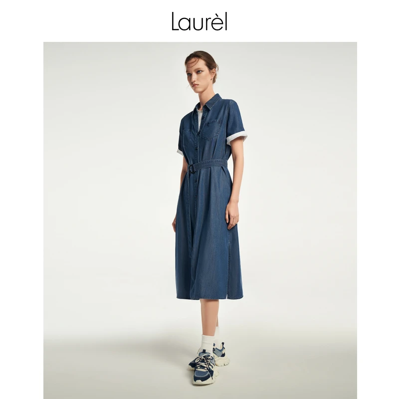 【晨粉专享价】Laurel新款牛仔蓝收腰连衣裙女LWL352Y11300