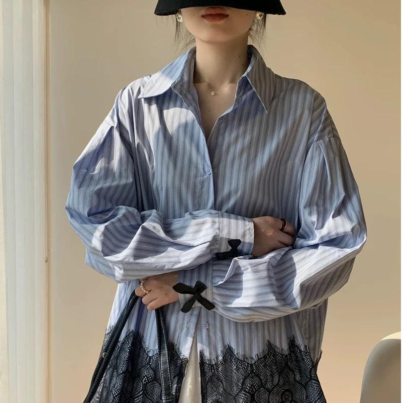 欧洲站2025春季新款高级感宽松拼接条纹衬衫女洋气休闲POLO领衬衣