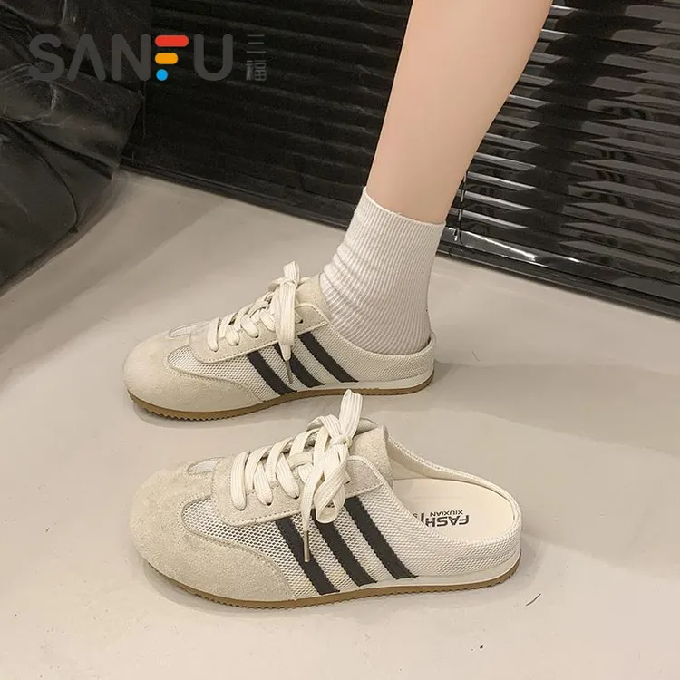 三福真皮包头半拖鞋女夏季外穿2025网面透气德训鞋懒人一脚蹬凉拖