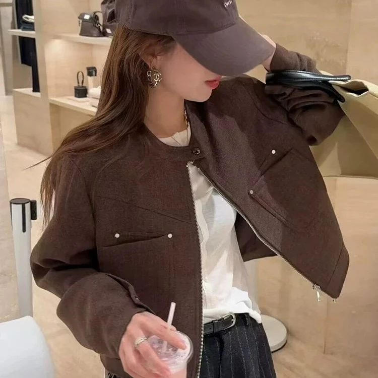 复古立领毛呢外套拉链短外套女秋新款甜酷风机车服小个子夹克