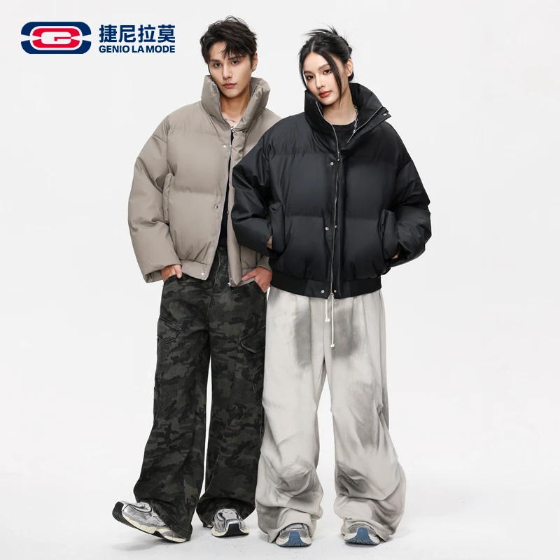 【敖瑞鹏代言】美式立领PU皮棉衣新款纯色百搭情侣棉服外套男女同款