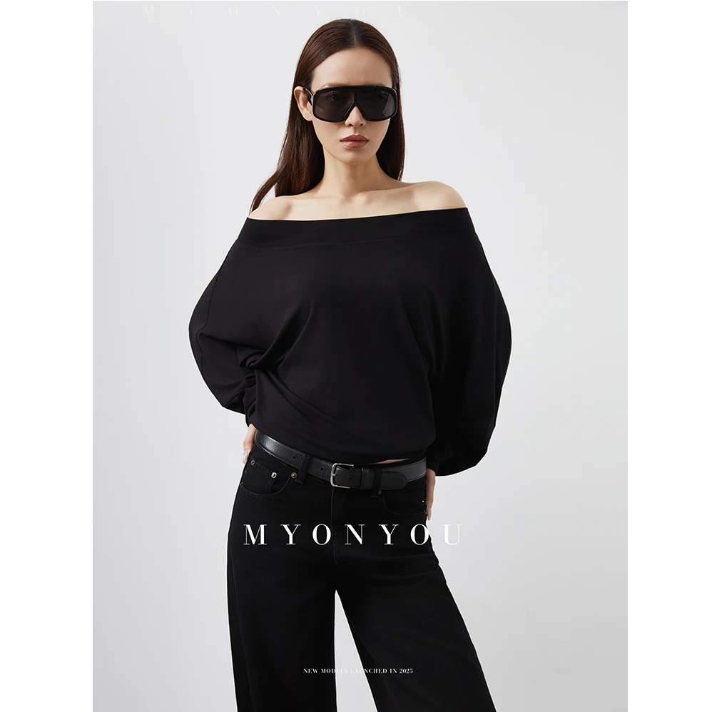 MYONYOU 小众设计 一字肩慵懒松弛感显瘦黑色宽松上衣