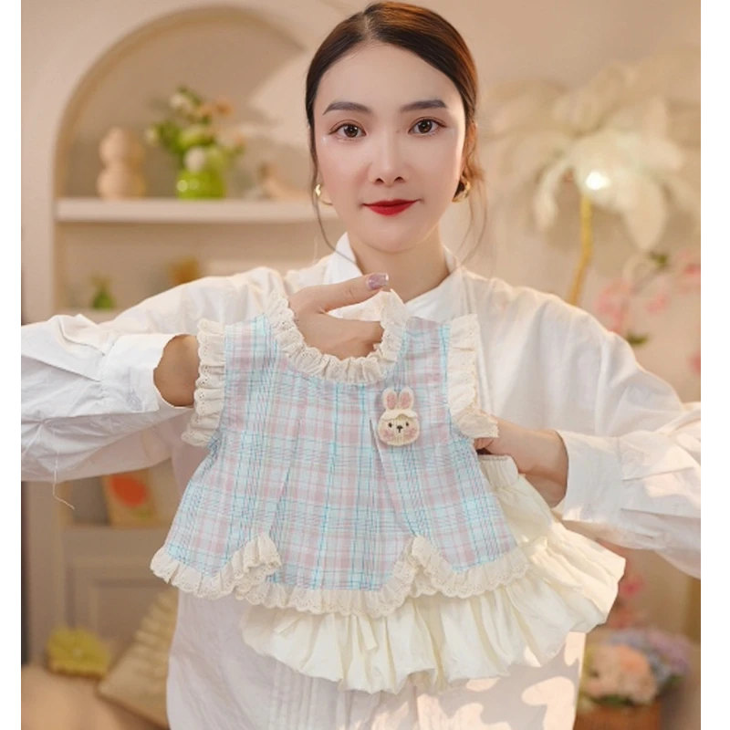 【现货】2025年夏季新款可爱法式蕾丝花边蓝色格子小兔花苞套装029