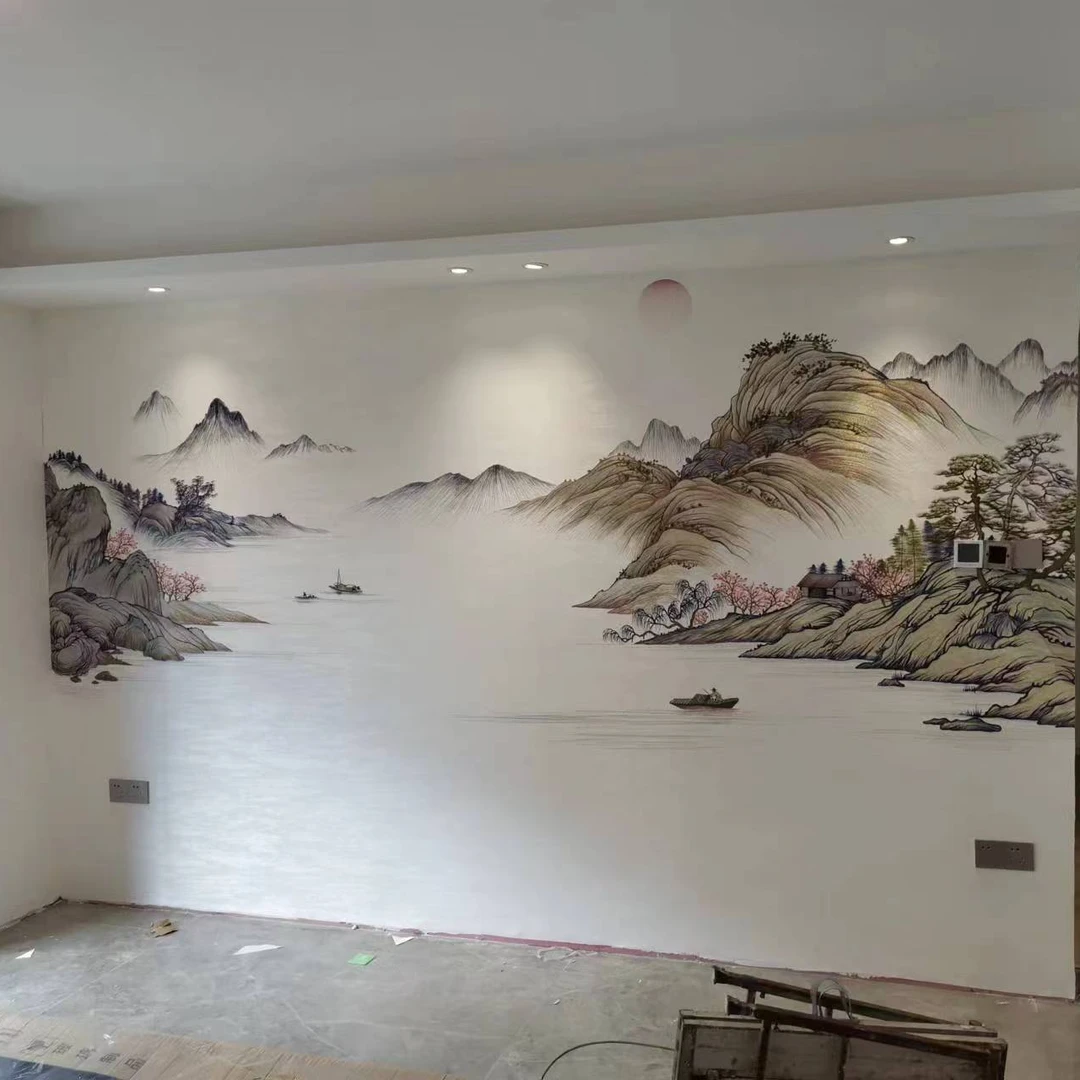 言绣山水无缝独绣刺绣壁布十里山河客厅电视壁画沙发中式背景墙布