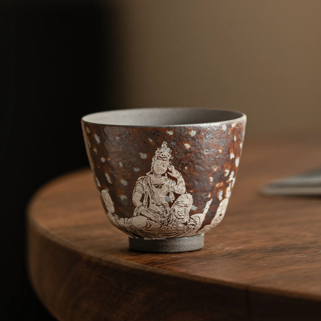 云吉-敦煌-主人杯 复古老岩泥鎏银陶瓷斗笠杯大号中式家用茶杯