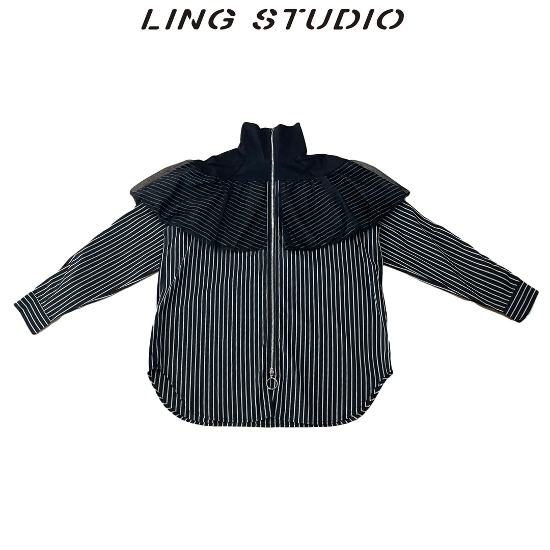 4011790-零零『黑桃公主』2024早春设计师新款潮流拼接条纹高领衬衣