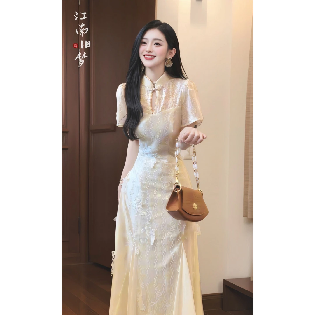 新中式国风长款蝴蝶绣花旗袍连衣裙夏季高考气质鱼尾裙礼服长裙