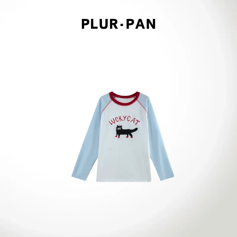 PLUR·PAN黑猫印花撞色圆领插肩防晒长袖 t