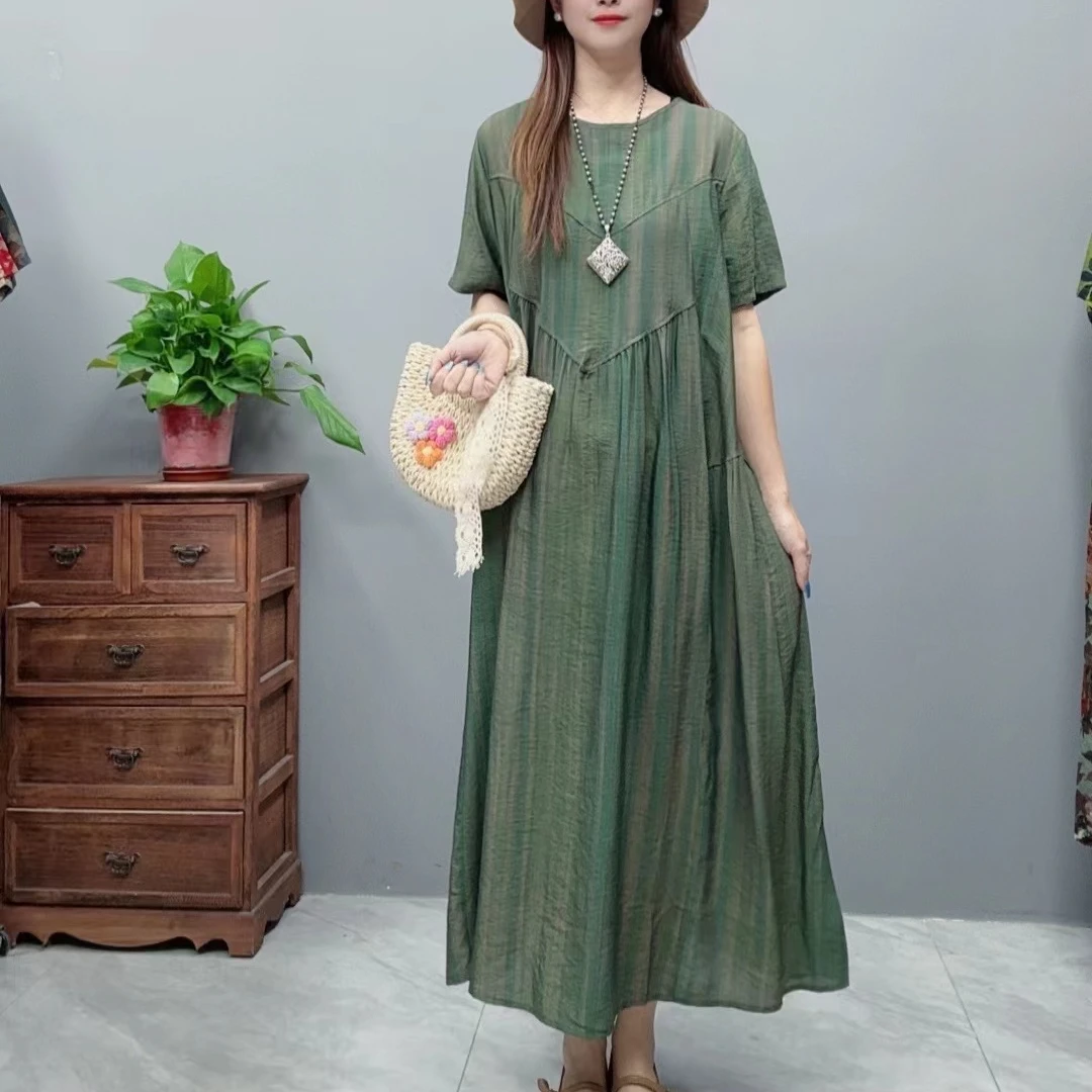 3336夏季新款清凉气质时尚复古遮肚宽松女显瘦百搭圆领休闲连衣裙