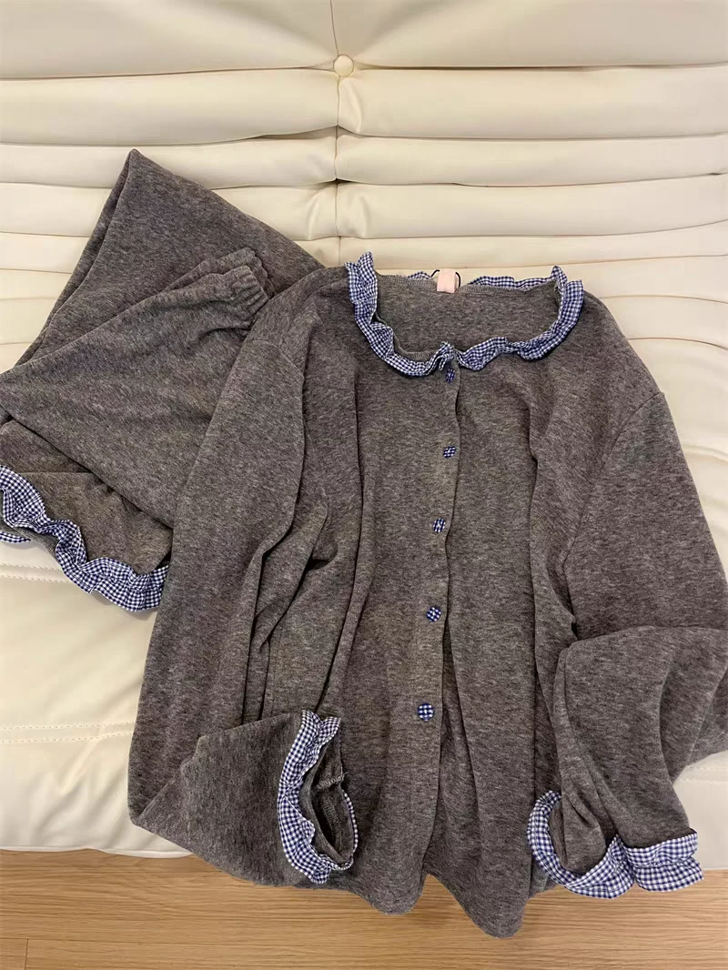 韩系荷叶花边格子绒睡衣秋冬女2025新款加绒加厚保暖家居服套装