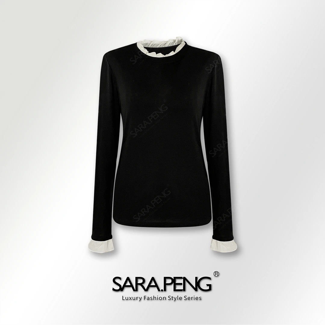 SARA.P清风雅韵/法式优雅领袖拼接花边打底气质百搭洋气长袖上衣