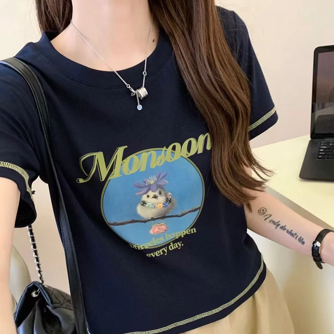 T2425 复古小鸟T 立体装饰 短款字母印花小个子T恤