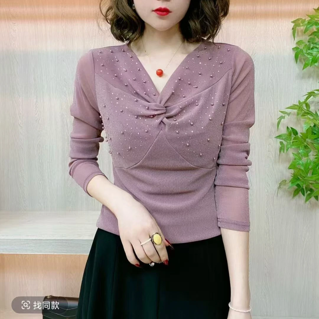 2025春秋打底小衫长袖薄款纯色经典V领弹力网纱时尚女性透气钉珠
