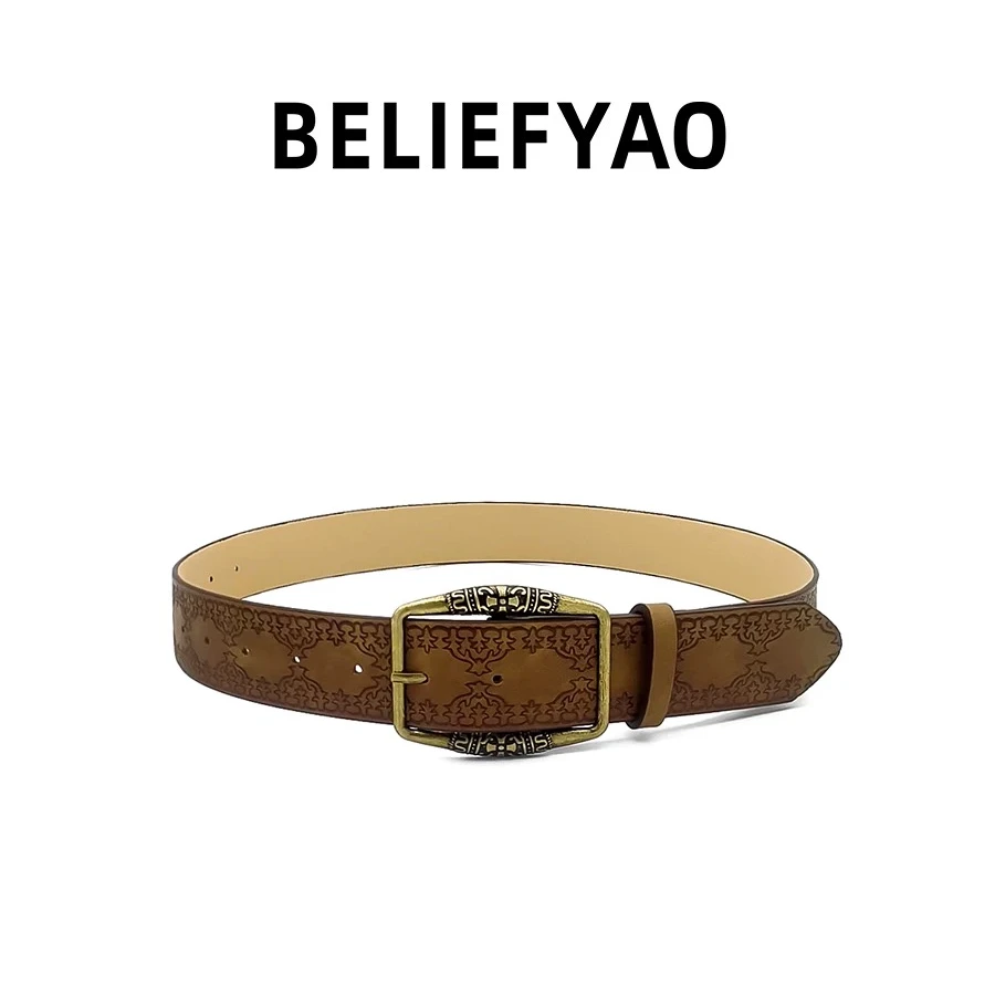 原创名族风古铜压花皮带设计感小众复古腰带男女同款