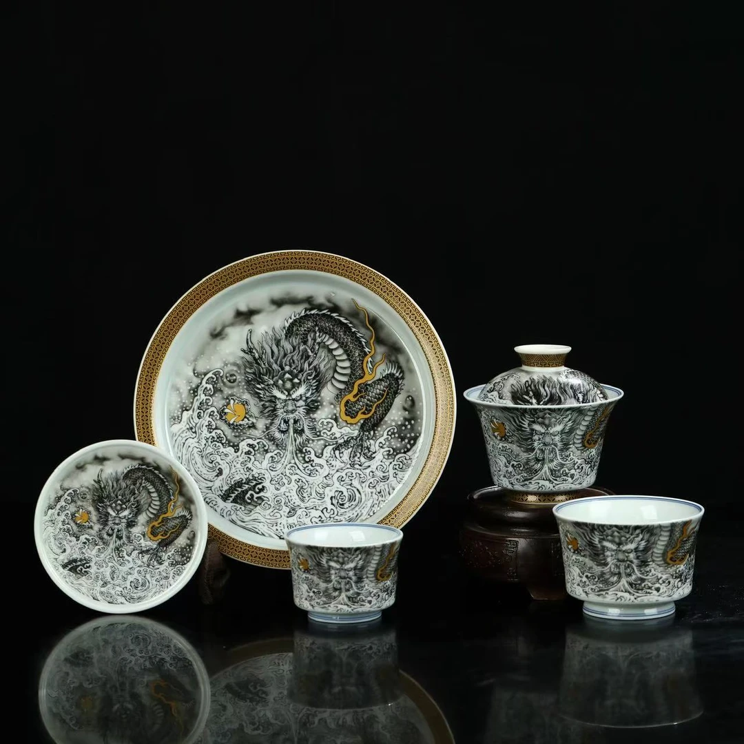 景德镇陶瓷  墨彩描金墨龙吸水茶具套组盖碗中式手工泡茶茶具茶杯