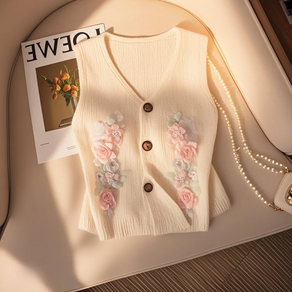高级感花朵刺绣白色镂空V领针织开衫新款气质修身无袖排扣背心