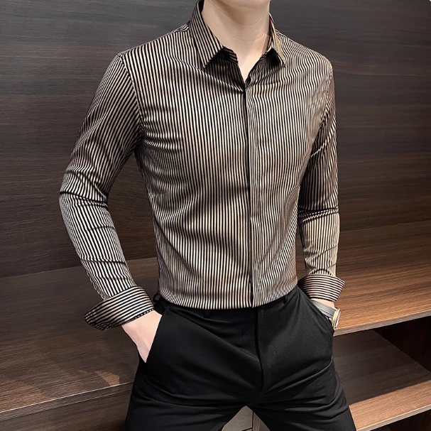 轻奢高端时尚条纹长袖衬衫男士2025新款春秋季高级感商务暗扣衬衣