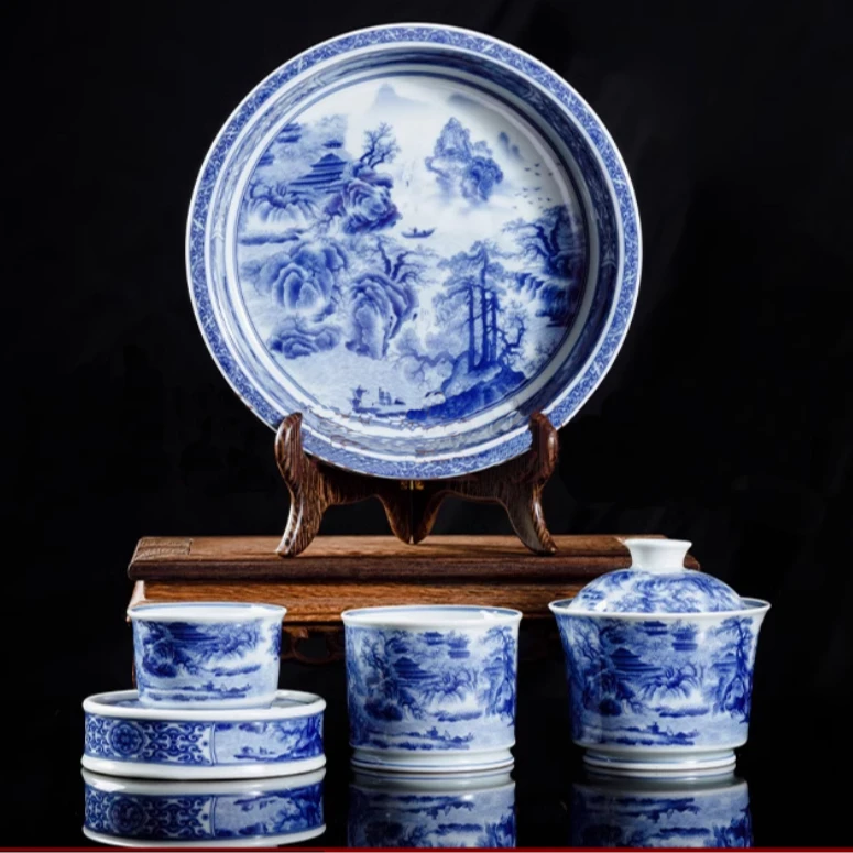 青花瓷山水图茶具套组【高白釉下彩】（Q1030）