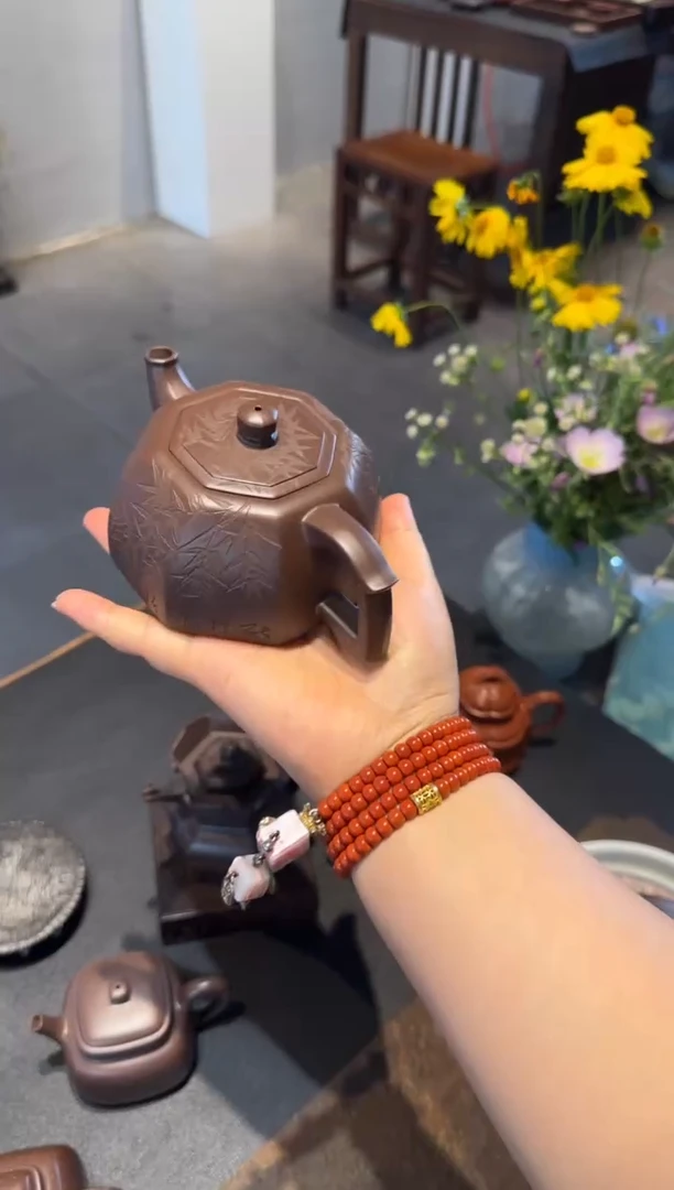 茶壶紫砂八方井栏 刻绘