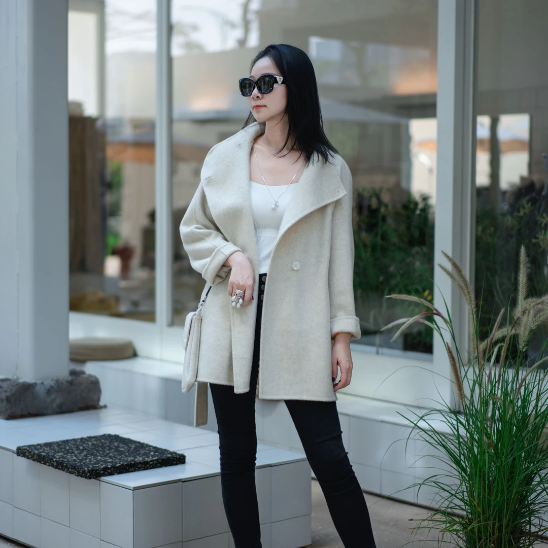 宽松毛呢厚款轻熟风呢子毛呢外套通勤收腰双面呢大衣0004A