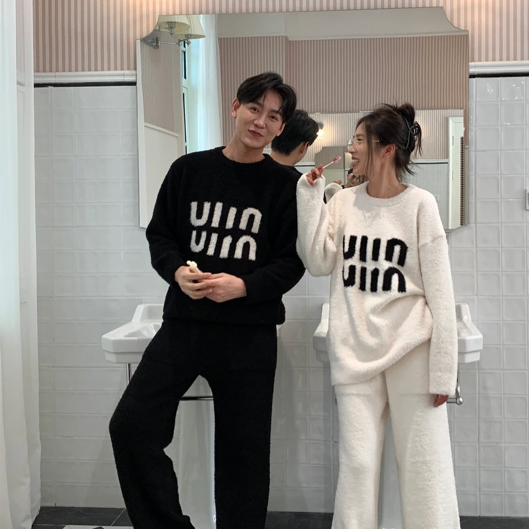 半边绒冬季情侣睡衣加绒加厚家居服女保暖弹力大码套装可外穿套头