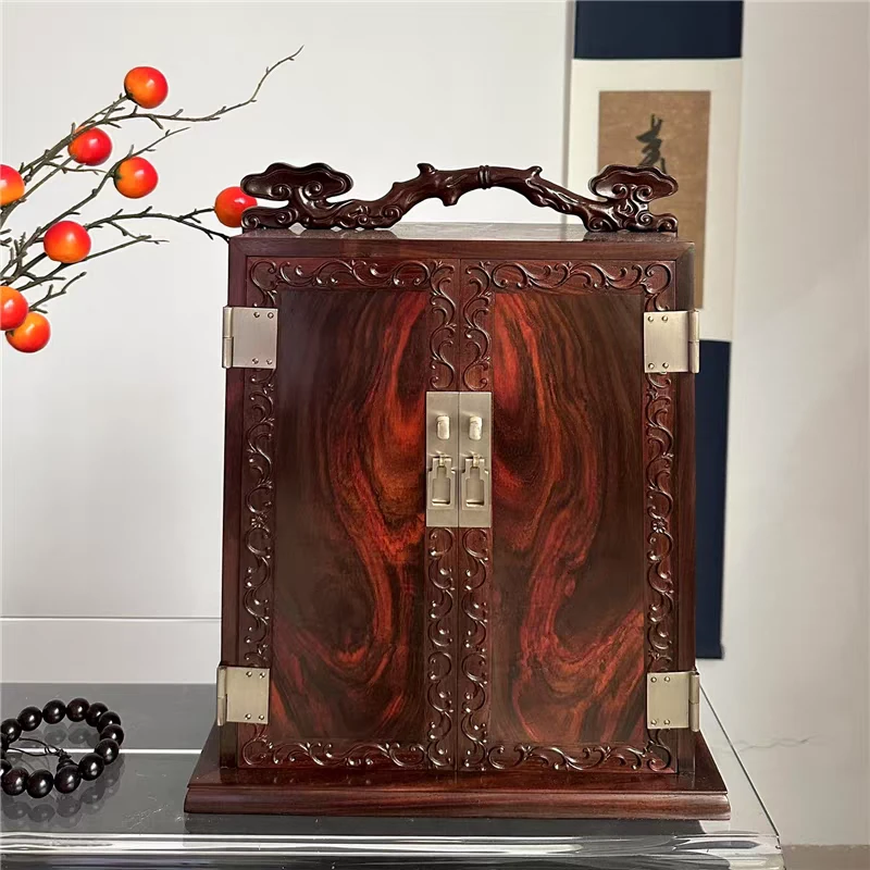 大红酸枝全独板灵芝如意手提箱文房收纳柜红木中式桌面茶箱百宝箱