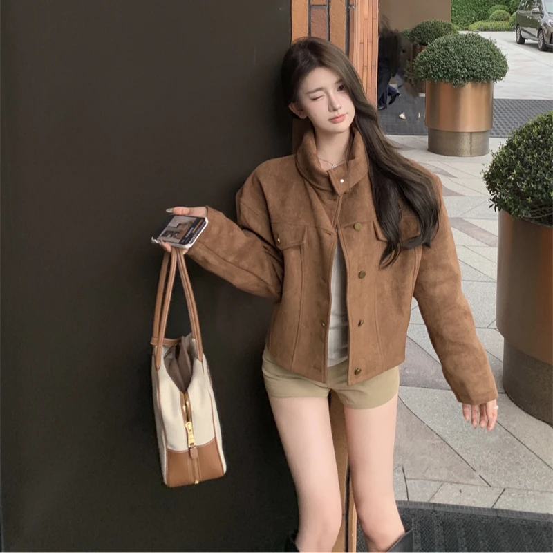 美拉德棕色麂皮绒外套女装秋季2025新款复古立领宽松时尚休闲上衣