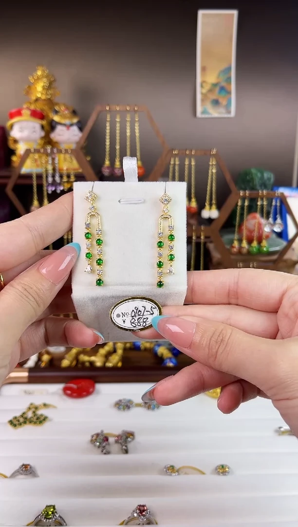 银S925镀金镶嵌翡翠耳饰,0907-5翡翠耳针