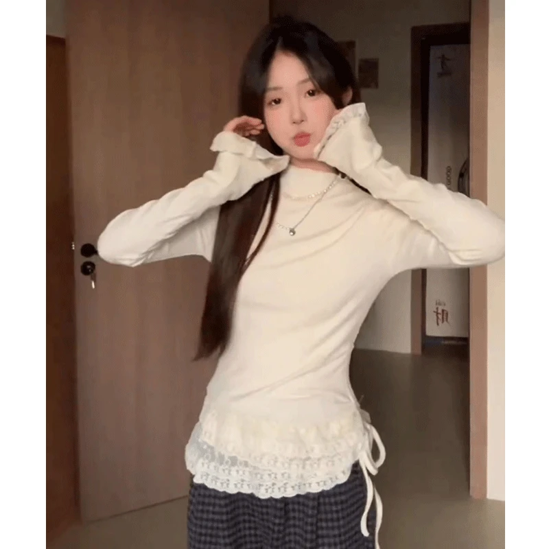 韩剧女主角纯欲双层系带针织衫半高领蕾丝内搭打底衫女秋冬新款