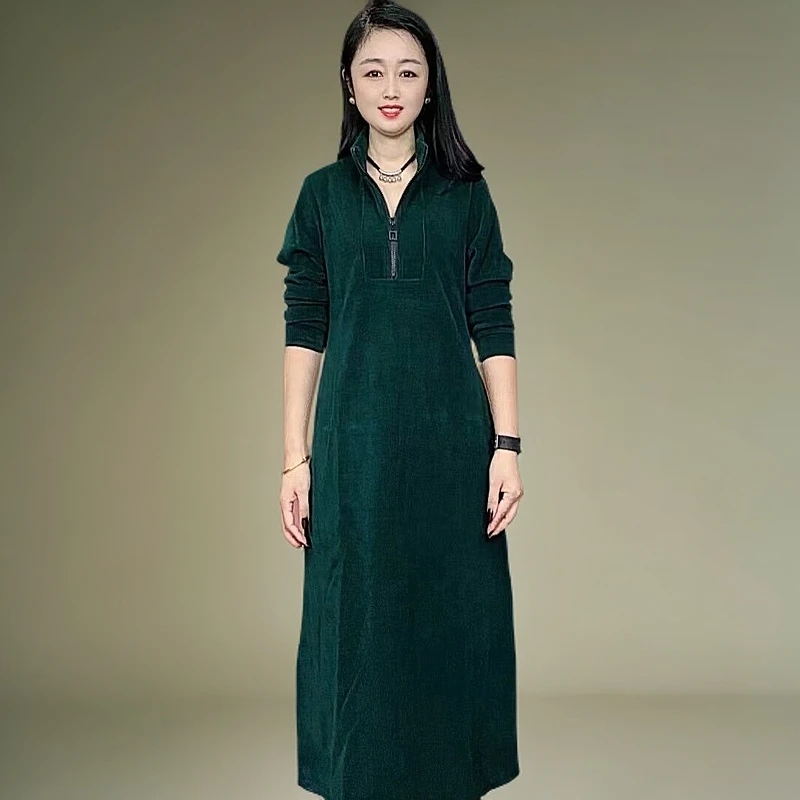 001-新款休闲长袖立领百搭宽松女士时尚保暖中长款连衣裙显瘦长裙